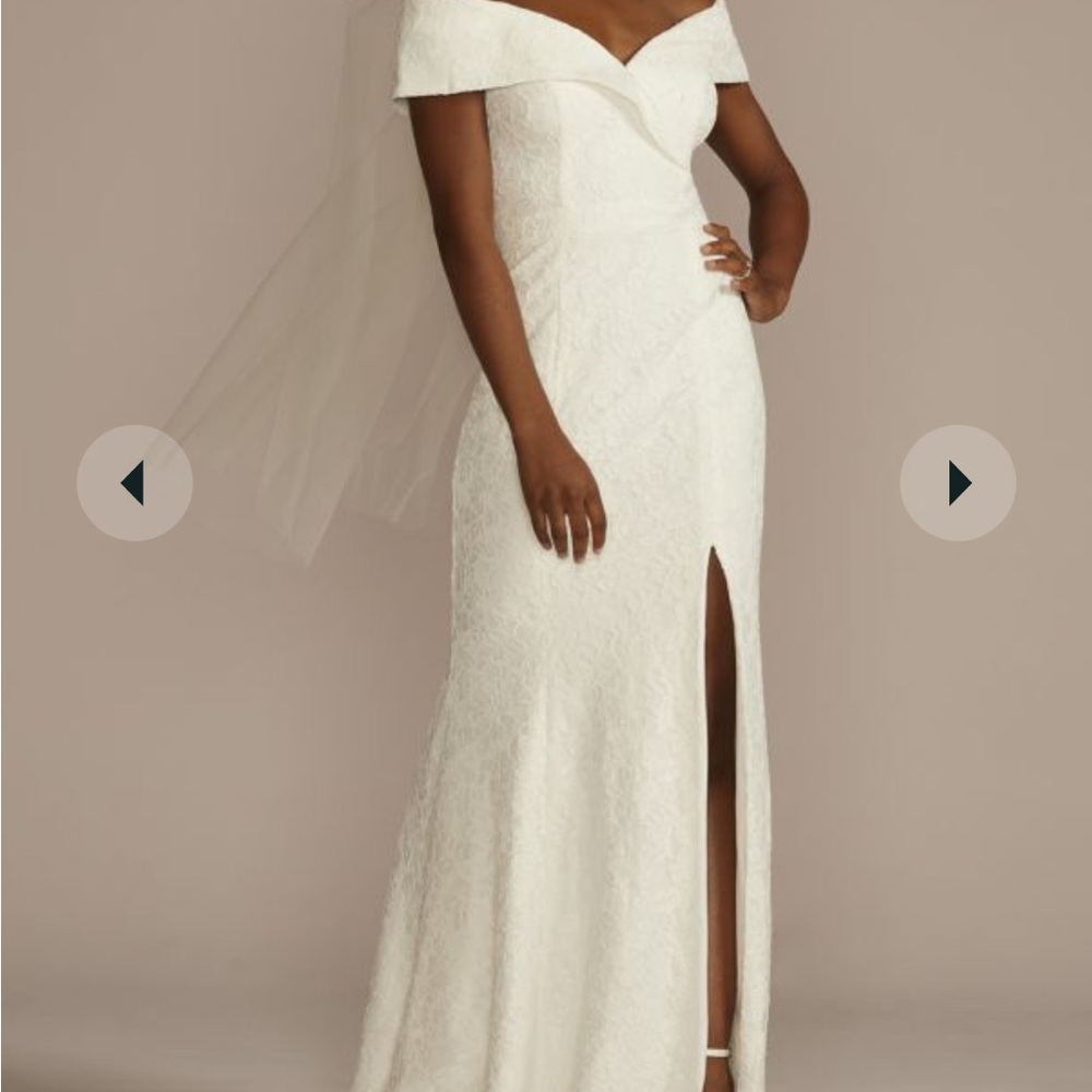 NWOT David's Bridal cuffed off-the-shoulder lace sheath gown